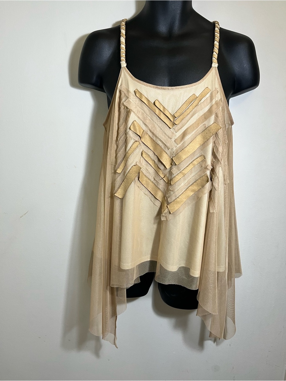 Women's Beige Layered Sheer Camisole with Chevron Trim